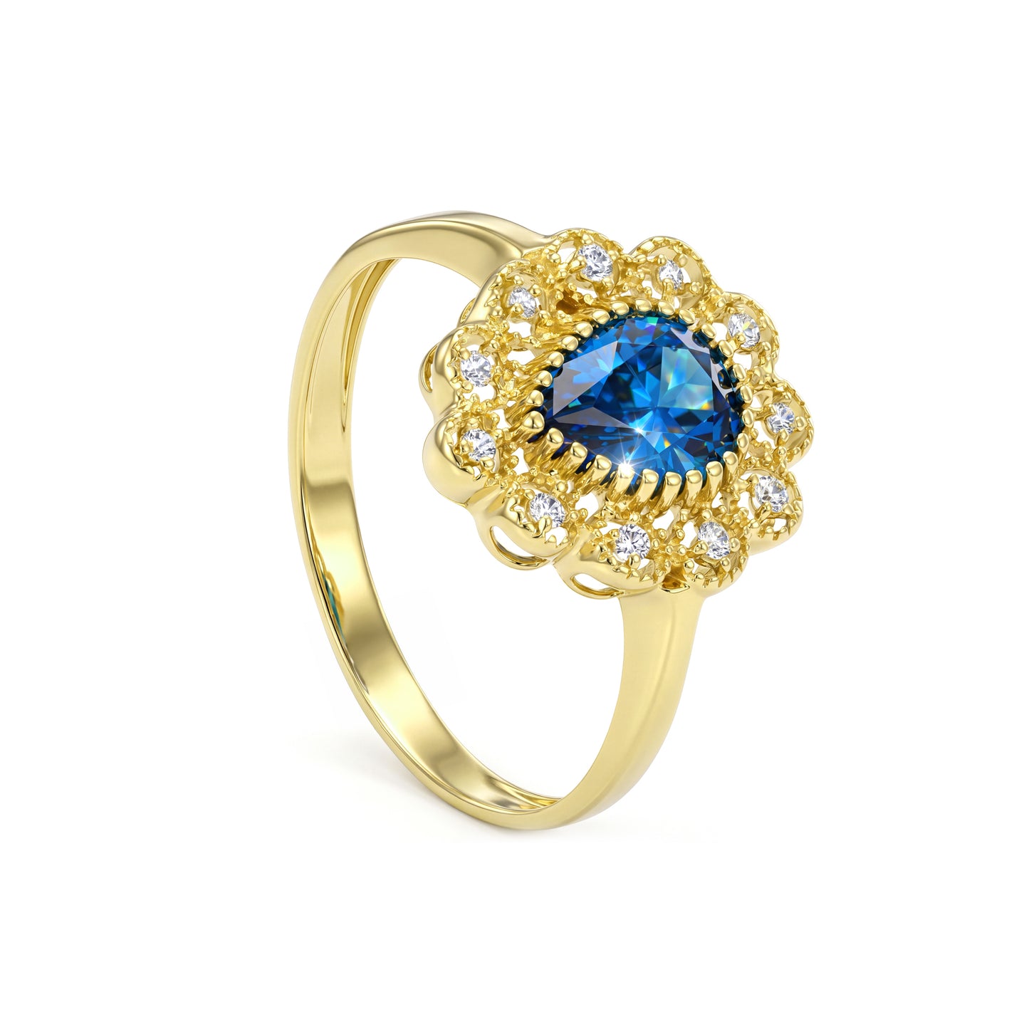 18K Solid Gold Pear Blue Zircon Floral Halo Ring