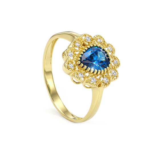 18K Solid Gold Pear Blue Zircon Floral Halo Ring