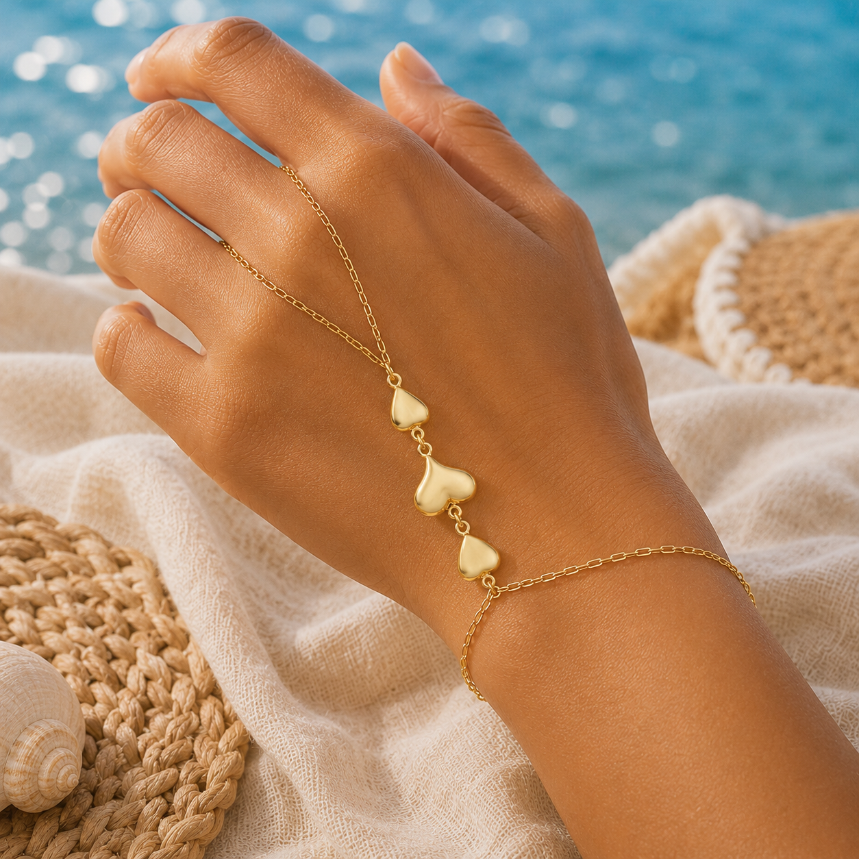18K Gold Heart Hand Chain
