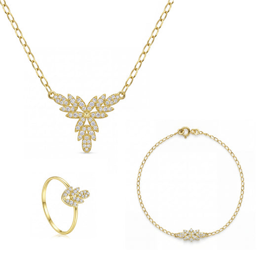 18K Gold and Zircon Leaf-Inspired Jewelry Set