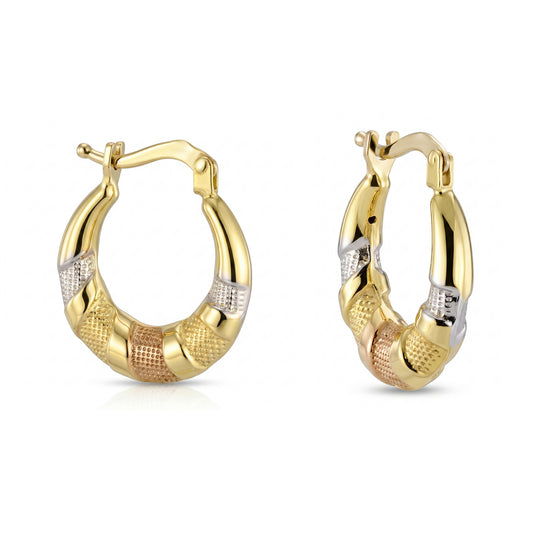 18K Tri-Color Gold Textured Hoop Earrings
