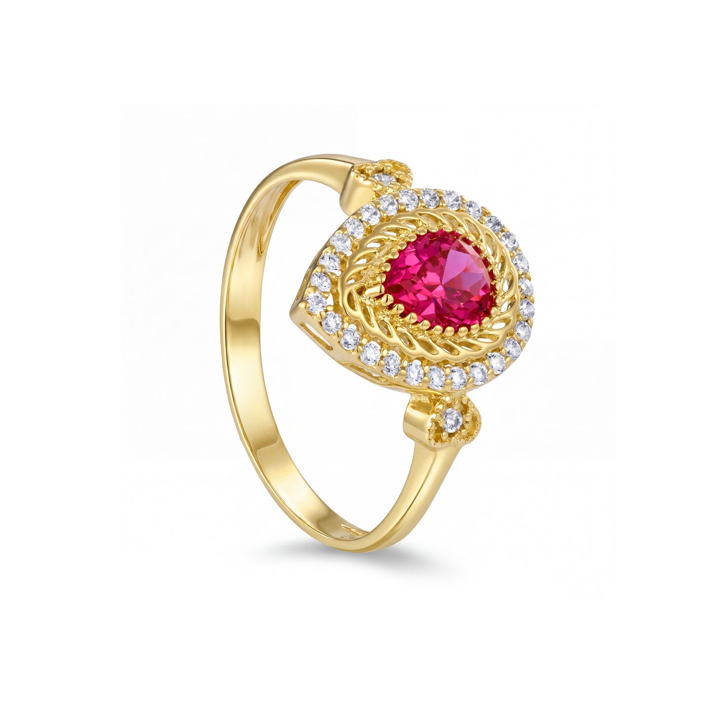 18K Gold Pear Ruby Halo Ring