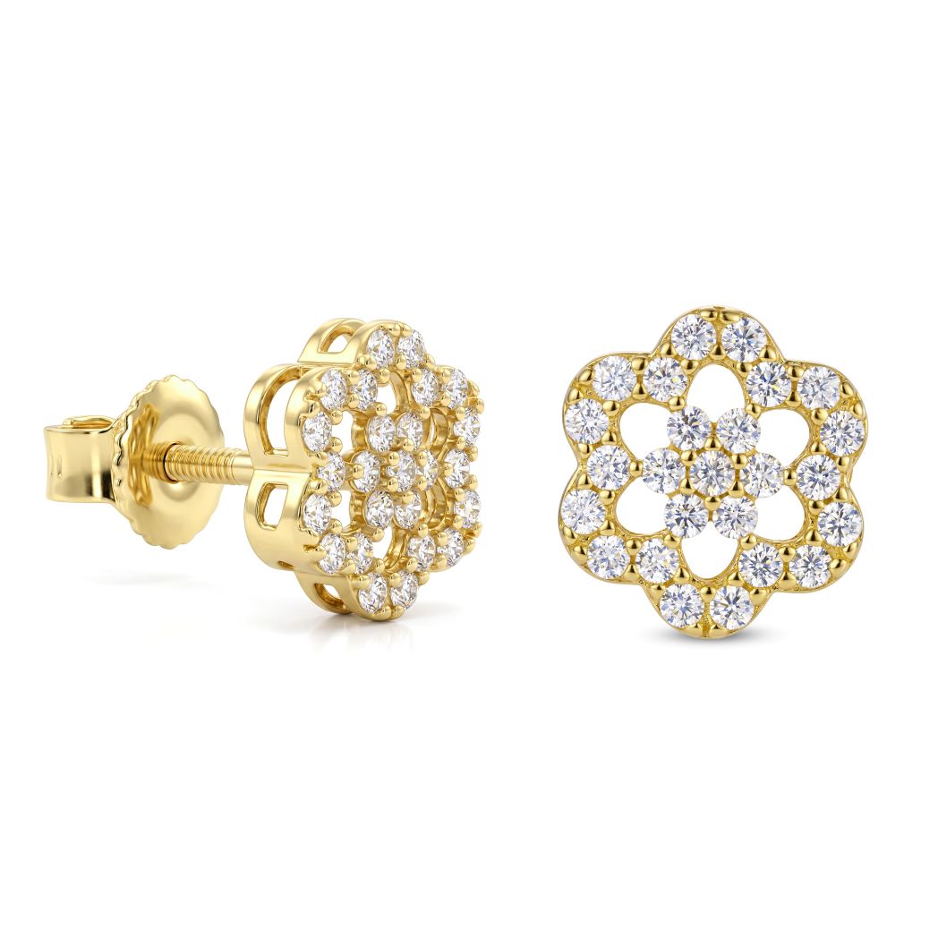 18K Gold Zircon Open Floral Stud Earrings