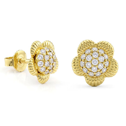 18K Gold Fluted Petal Zircon Center Stud Earrings