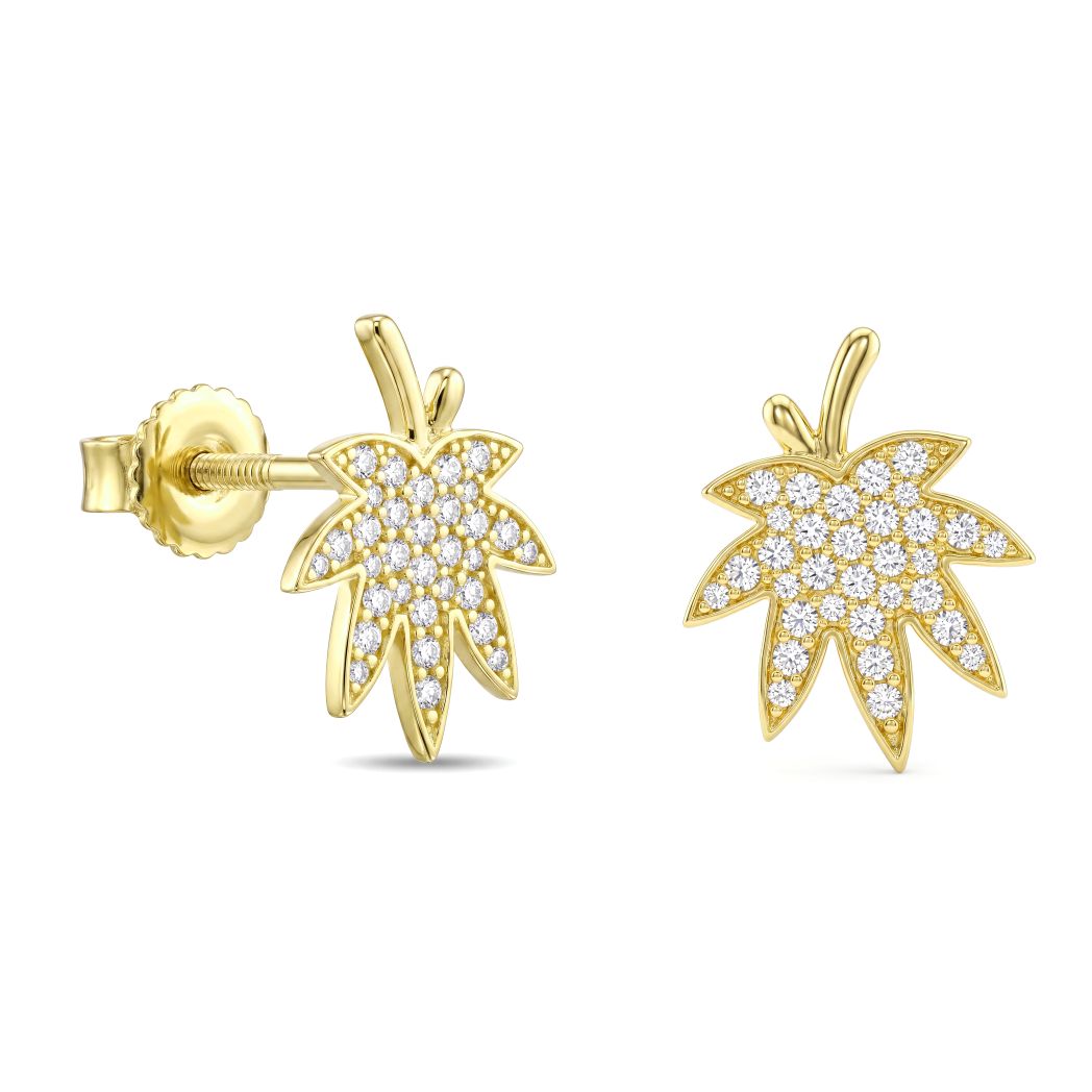 18K Gold Pave Zircon Leaf Stud Earrings