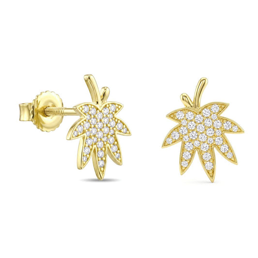 18K Gold Pave Zircon Leaf Stud Earrings