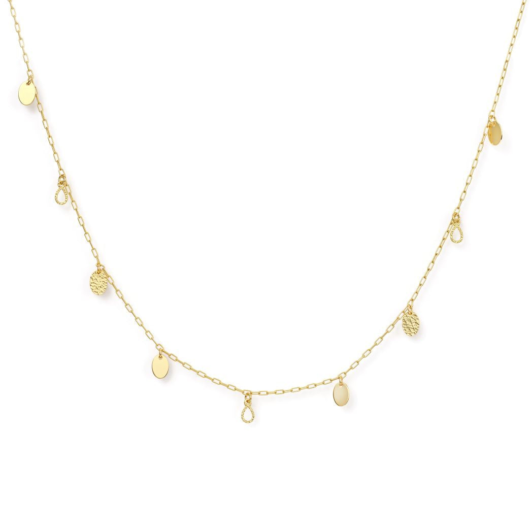 18K Gold Flat Circle and Drop Charm Necklace