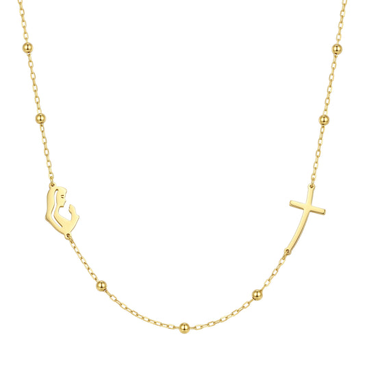 18k Praying Mary and Cross Charm Necklace