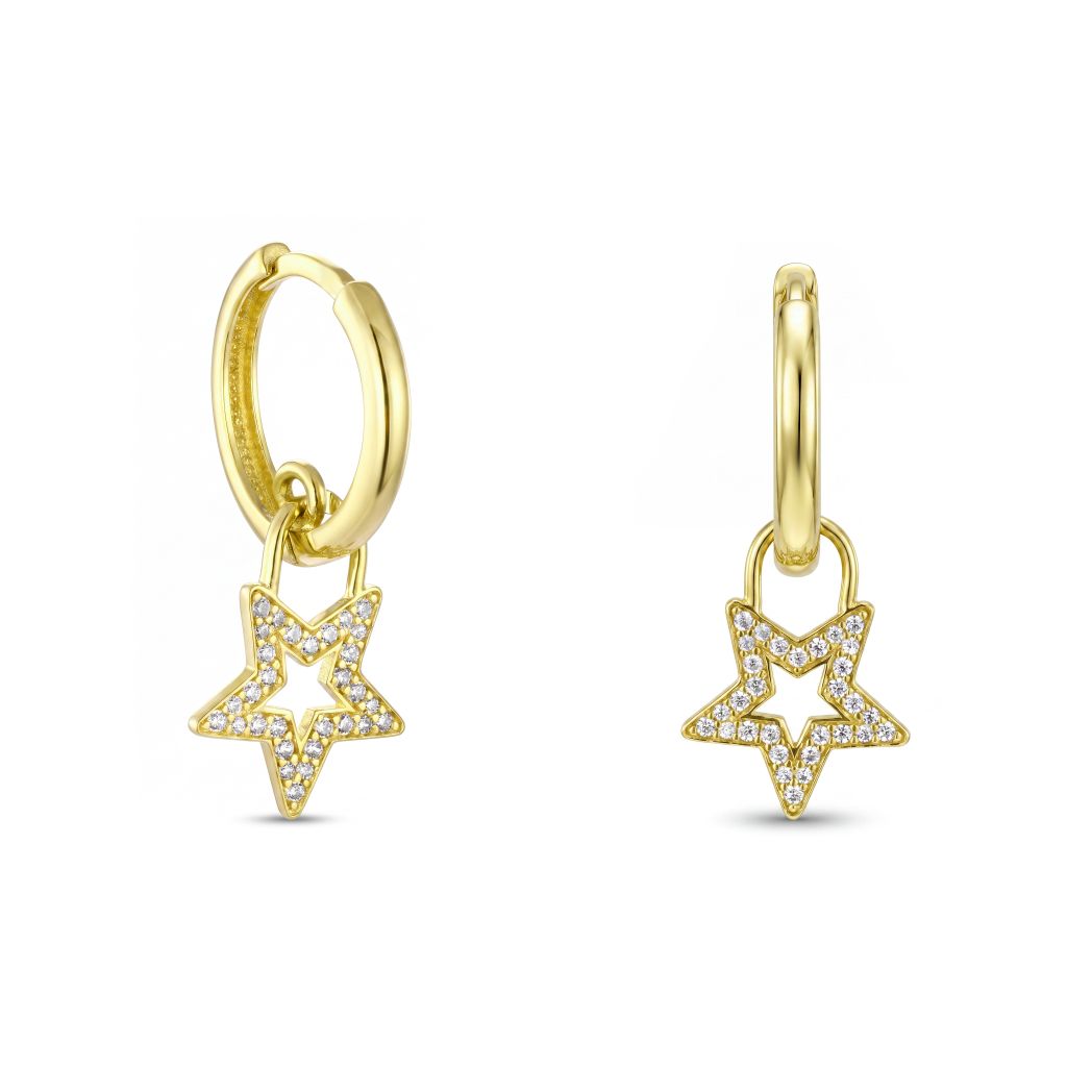 18K Solid Gold Zircon Star Lock Hoop Earrings