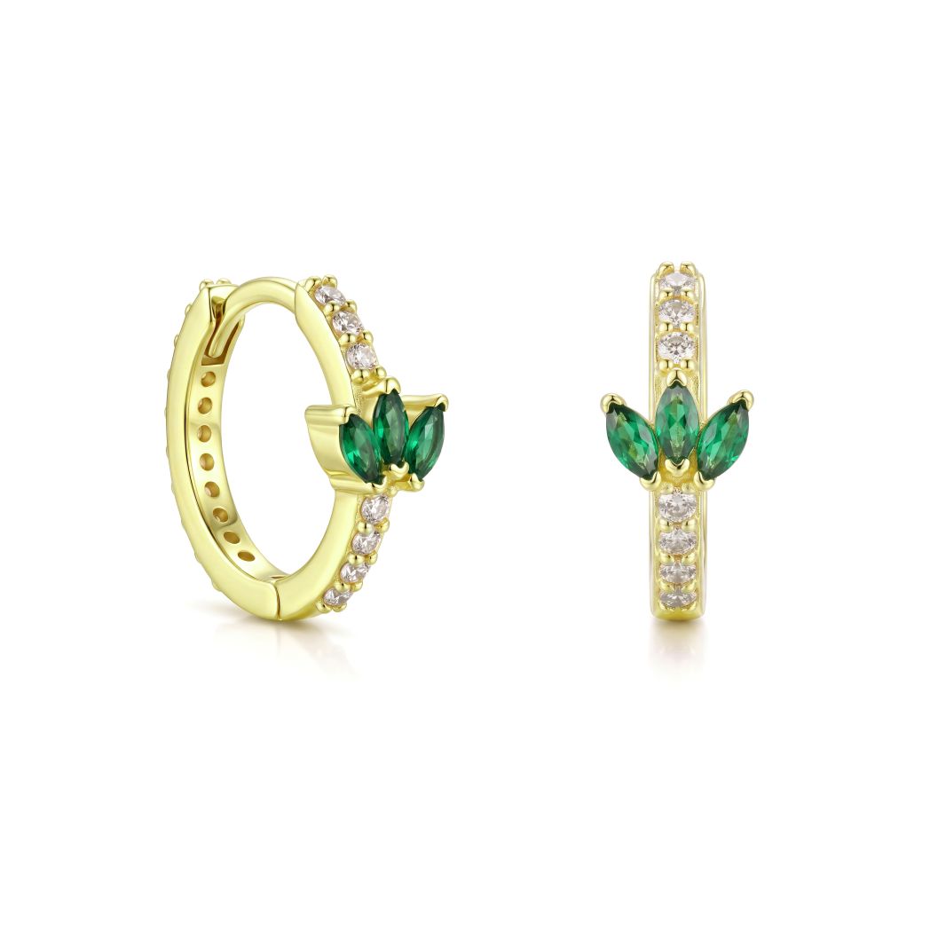 18K Gold Green Zircon Lotus Huggie Hoop Earrings