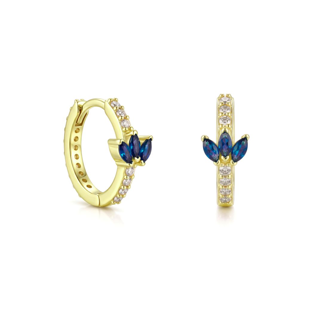 18K Gold Blue Zircon Lotus Huggie Hoop Earrings