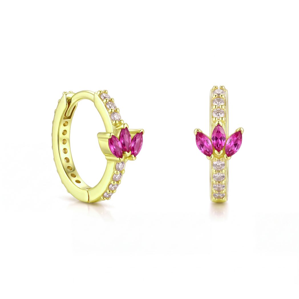 18K Gold Pink Zircon Lotus Huggie Hoop Earrings