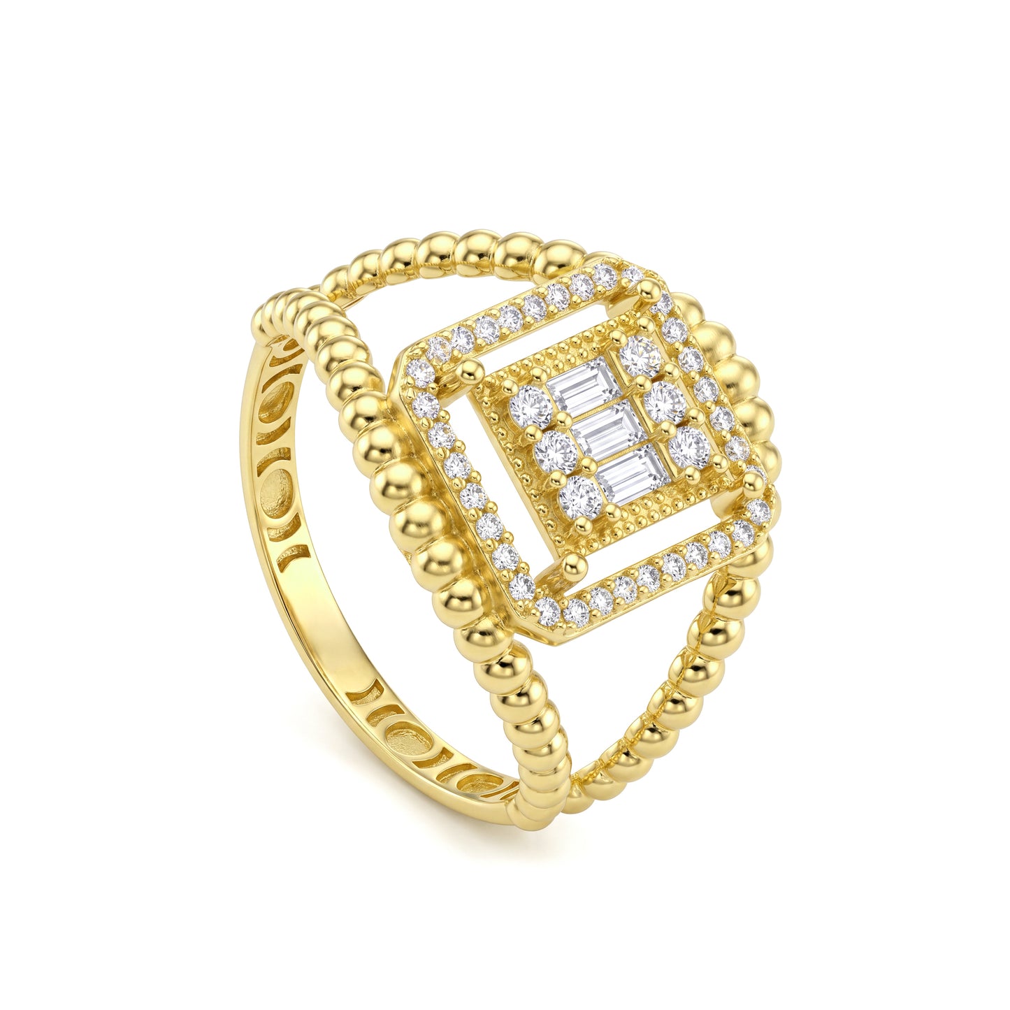 18K Gold Geometric Beaded Shield Ring