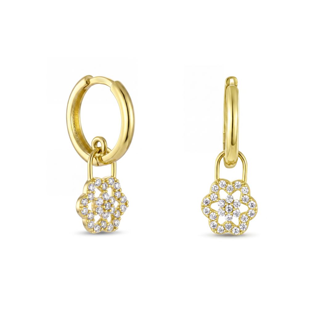 18K Solid Gold Zircon Flower Lock Hoop Earrings