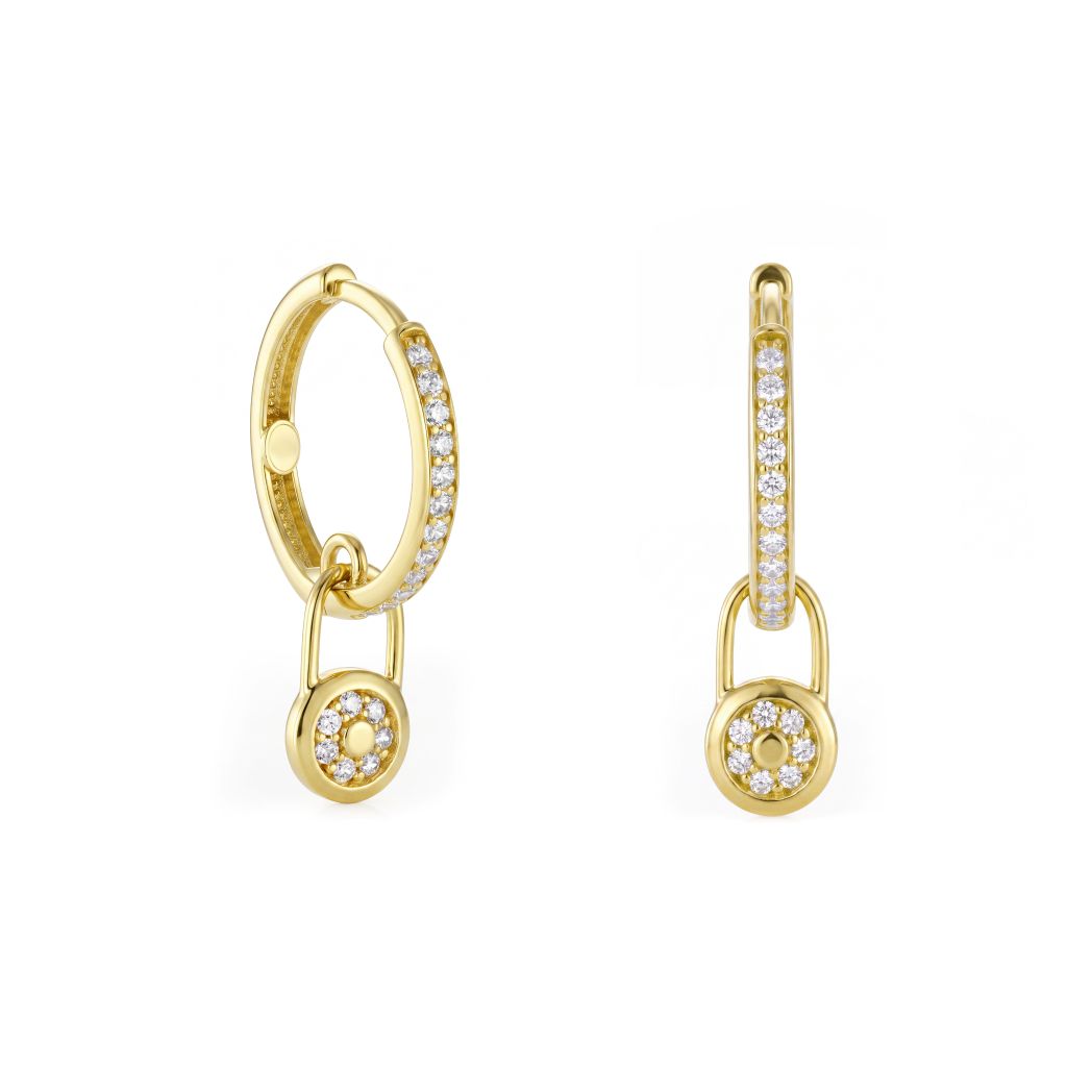 18K Solid Gold Zircon Lock Hoop Earrings