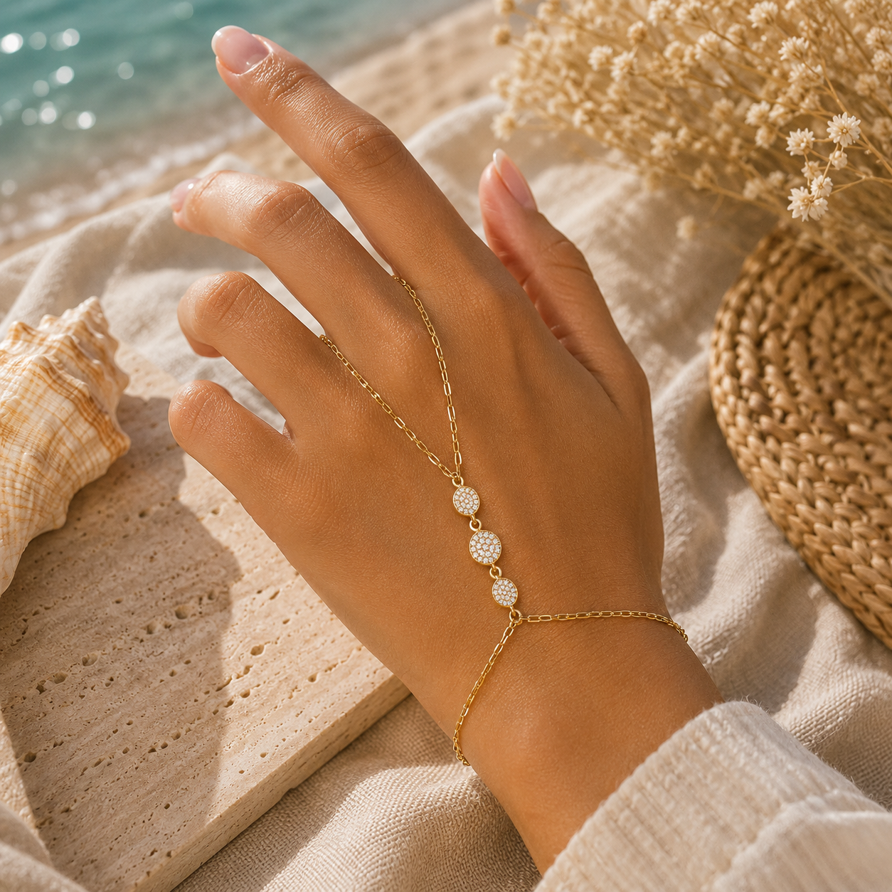 18K Gold  Shimmering Zircon Circle Hand Chain