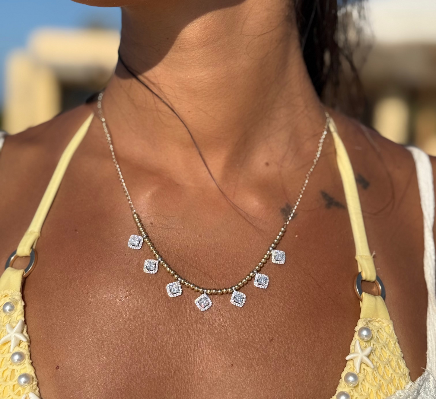 18K Two-Tone Gold Square Necklace