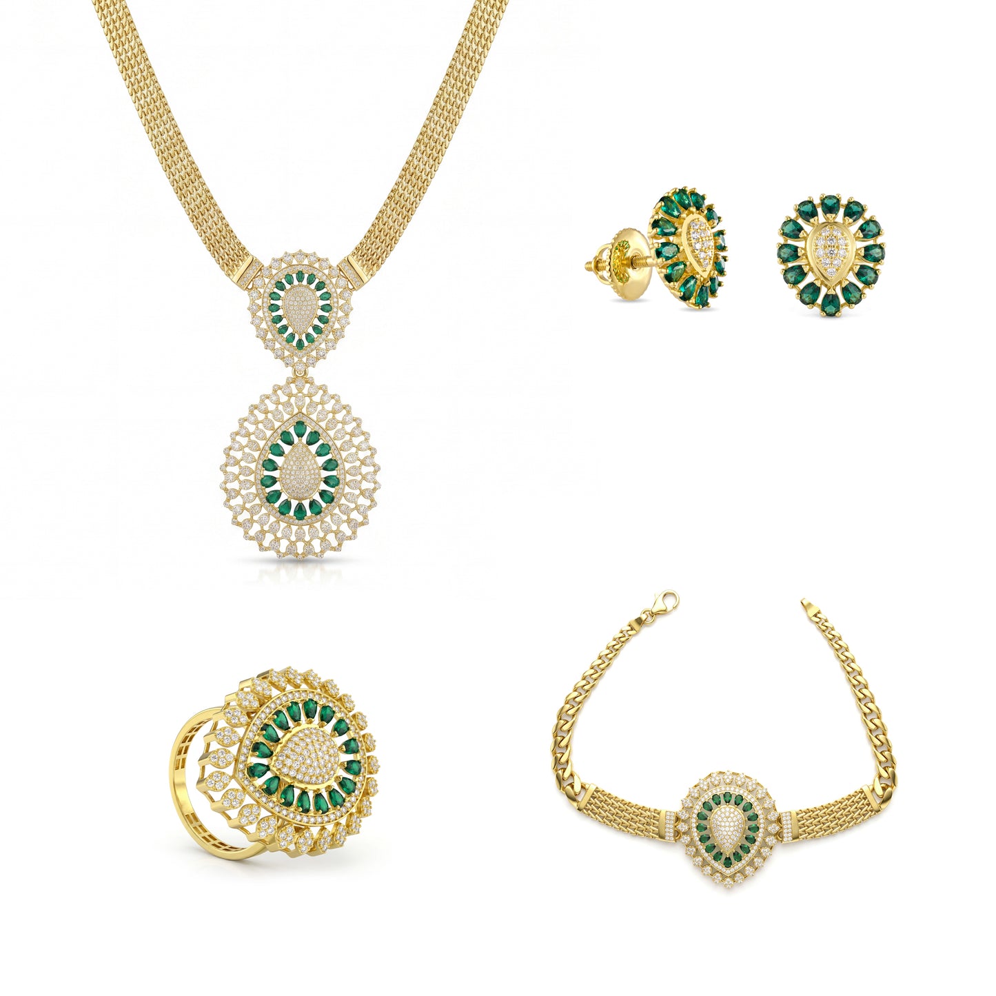 18K Gold Emerald & Zircon Grand Statement Set