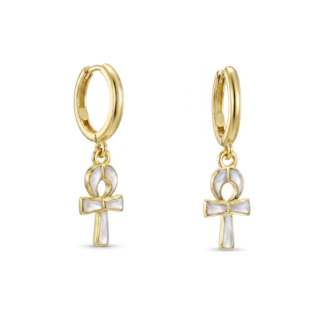 18K Gold Mother of  Ankh Dangle Earrings