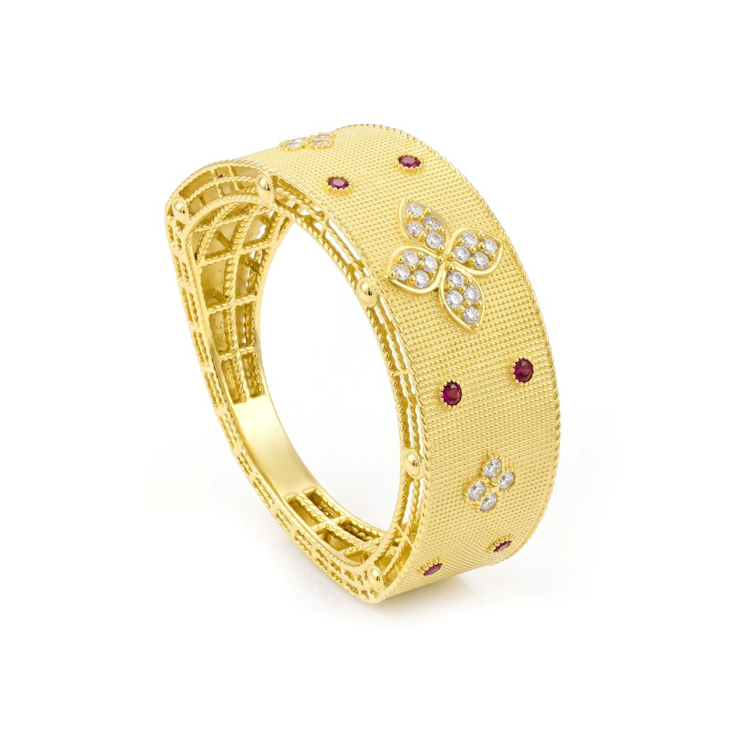 18K Gold Floral Diamond & Ruby Band