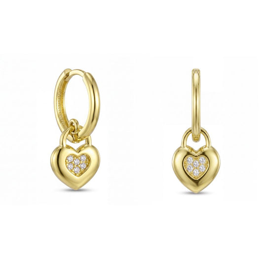 18K Solid Gold Zircon Heart Lock Hoop Earrings
