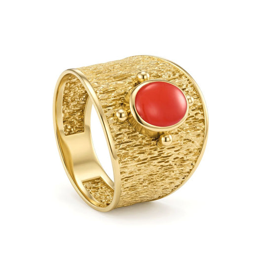 18K Textured Wide Band Ring with Red Stone