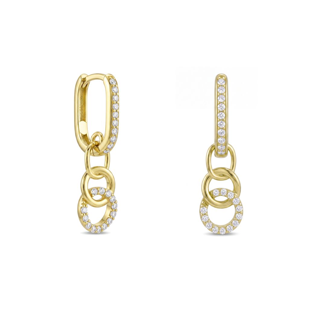 18K Solid Gold Zircon Linked Circles Drop Earrings