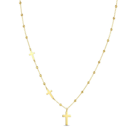 18K Gold Triple Cross Charm Rosary-Style Necklace