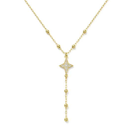18K Solid Gold Celestial Star Lariat Necklace