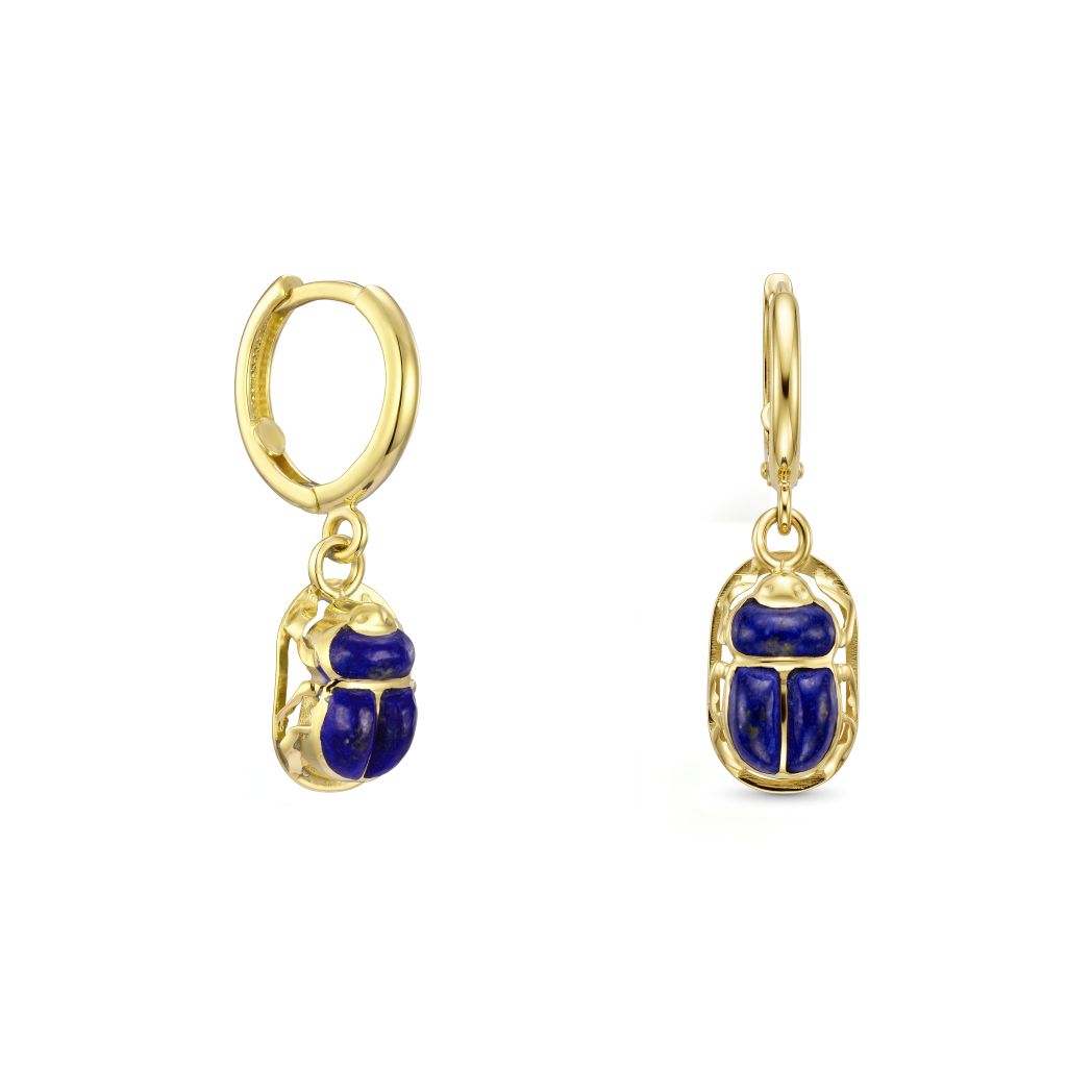 18K Gold Royal Blue Lapis Scarab Drop Earrings