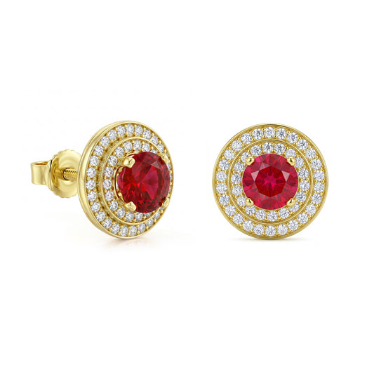 18K Gold Ruby Halo Stud Earrings