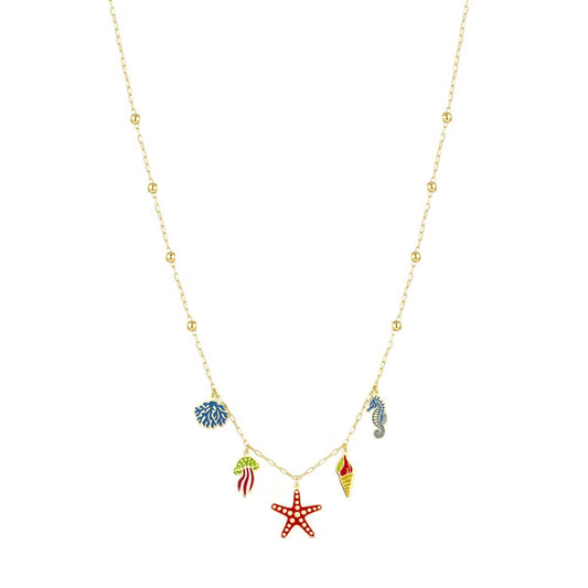 18K Gold Charm Necklace with Mixed Marine Motifs
