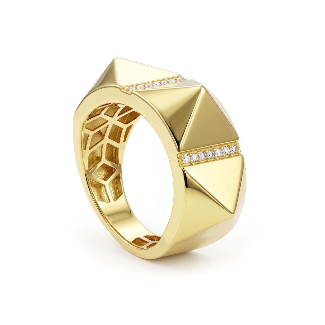18K Solid Gold Studded Pyramid Statement Ring