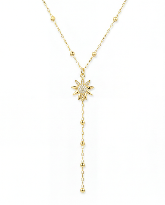 18K Gold Y-Necklace with Zircon-Studded Sun Pendant