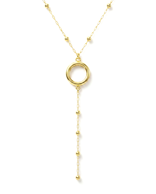 18K Gold Y-Necklace with Flat Circles and Beaded Details