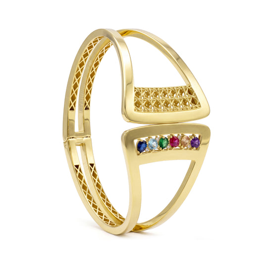 18K Gold Open Cuff Bangle with Multicolor Stones