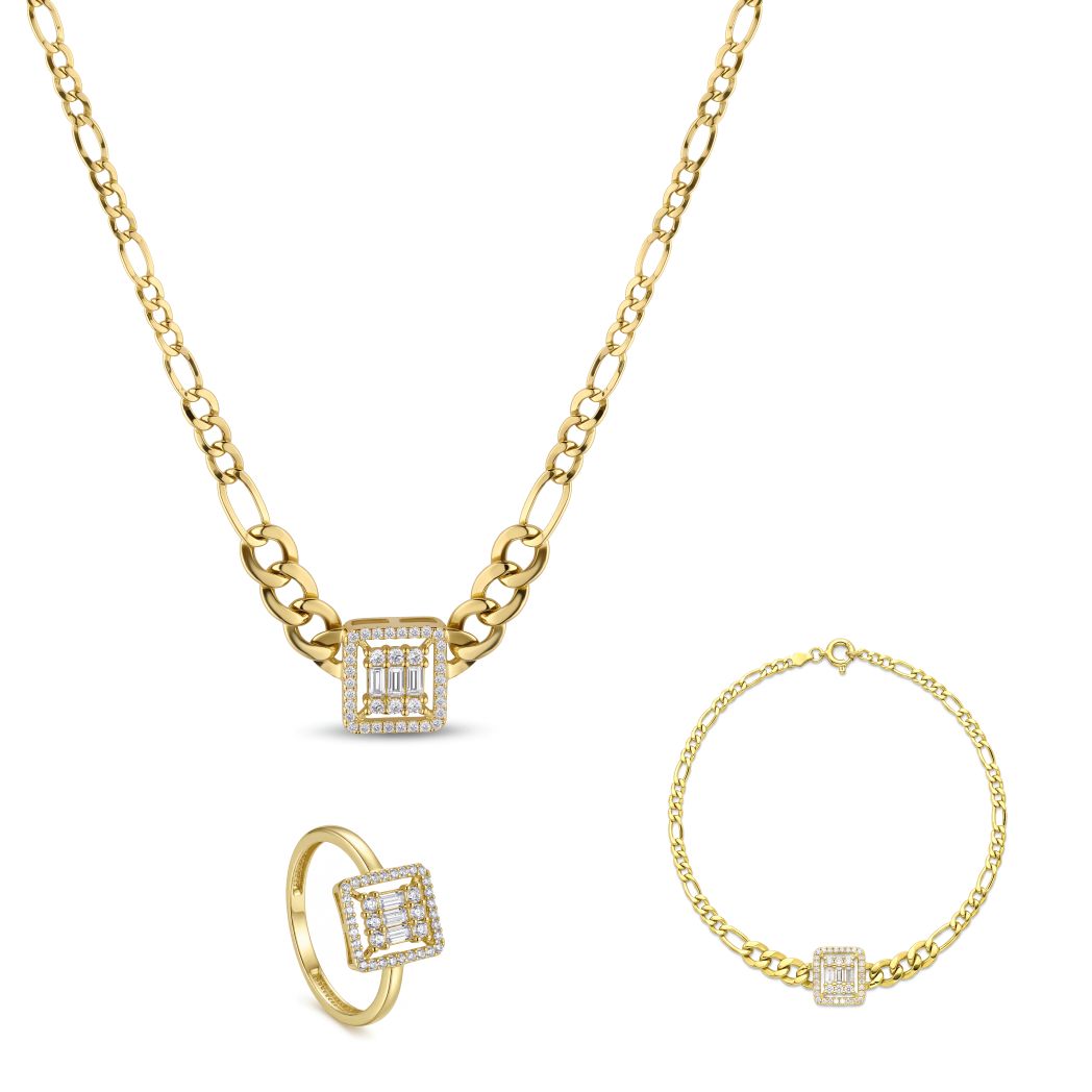 18K Square Baguette Zircon Gold Jewelry Set