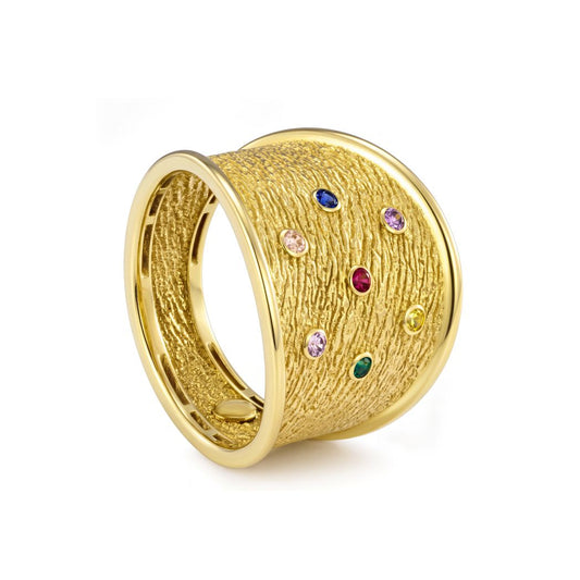 18K Multicolor Gemstone Wide Band Ring