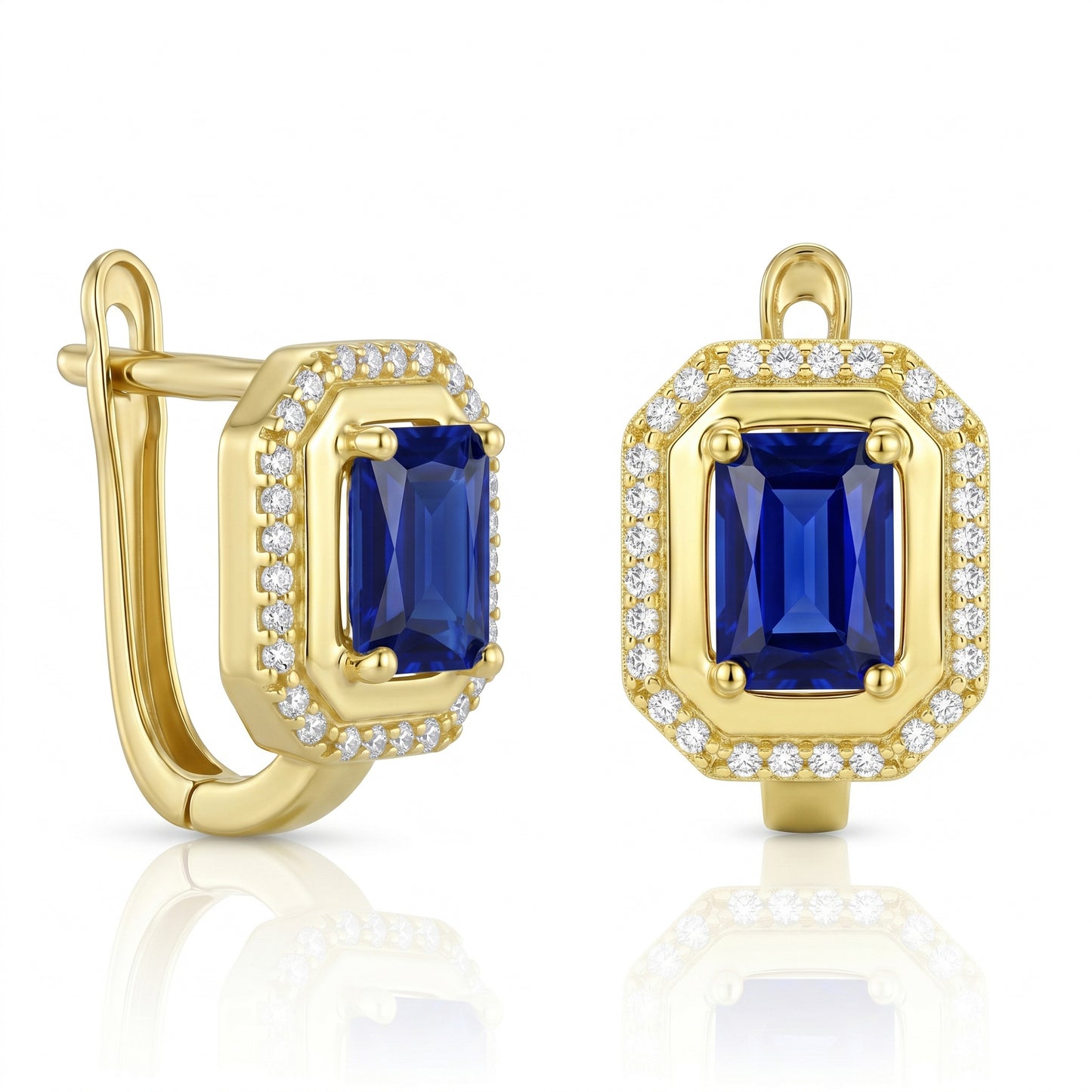 18K Gold Royal Emerald-Cut blue Zircon Earrings