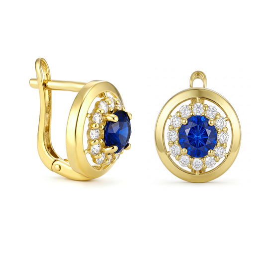 18K Gold Vivid Blue Halo Zircon Earrings