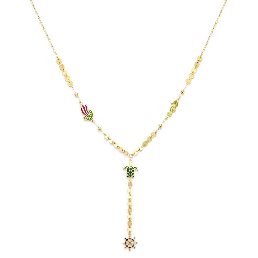 18K Gold Lariat Necklace with Ocean Charms