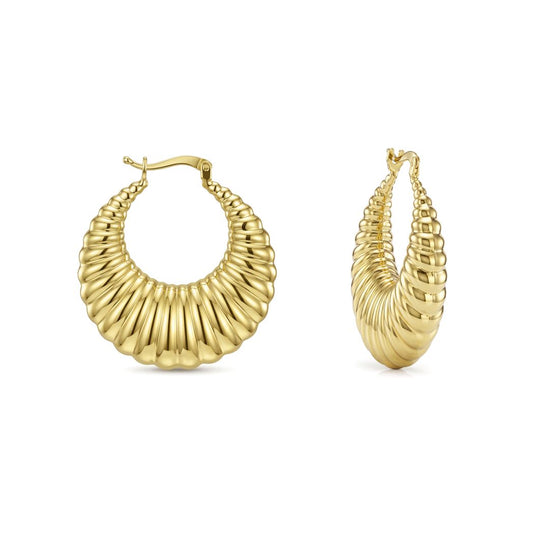 18K Gold Croissant Ribbed Hoop Earrings