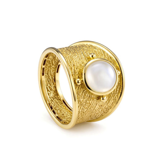18K Textured Wide Band Ring with Moonstone