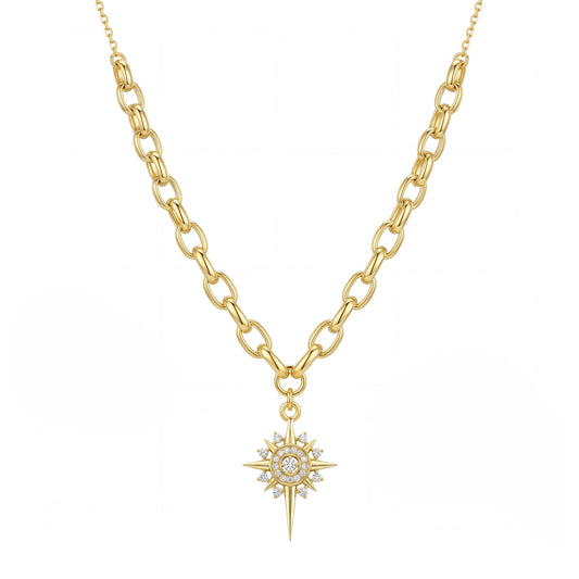 18K Gold Zircon Sunburst Pendant Chain