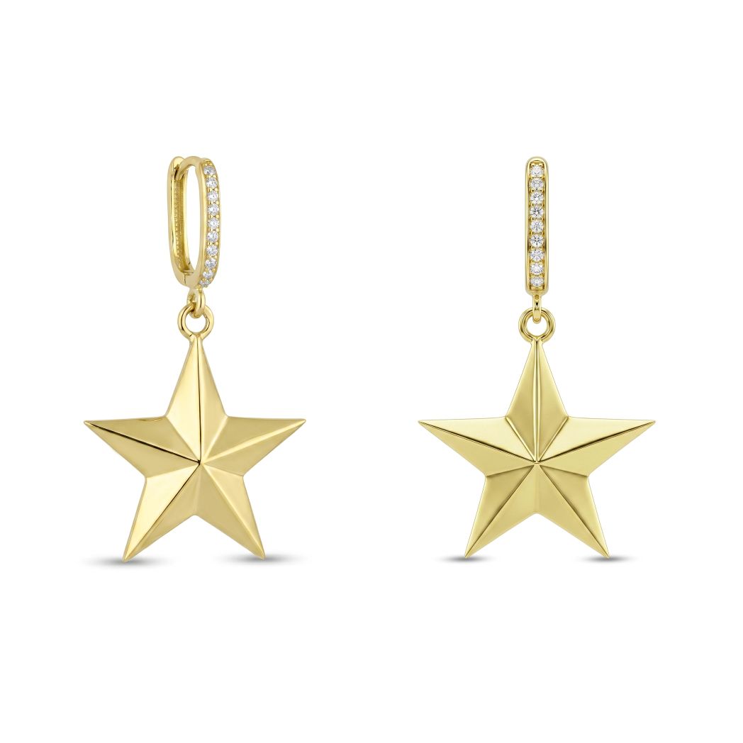 18K Solid Gold Paved Star Hoop Earrings