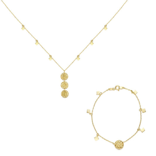18K Gold Square Charm and Textured Disc Matching Set