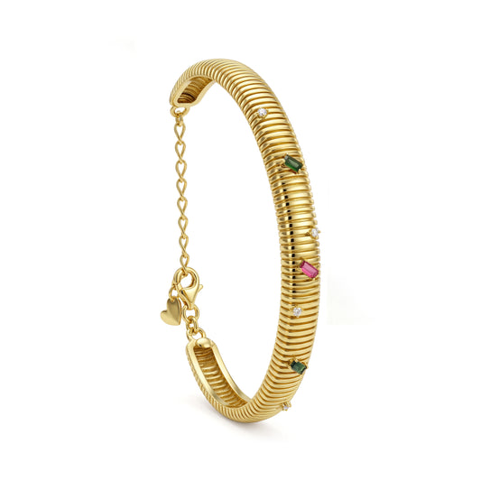 18K Gold Ribbed Bangle with Colorful Stones