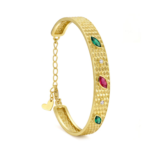 18K Gold Patterned Bangle with Multi-Color Stones