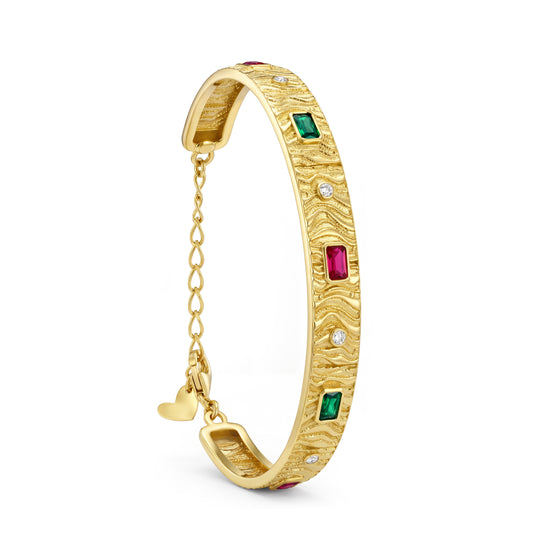 18K Gold Textured Bangle with Multi-Color Stones