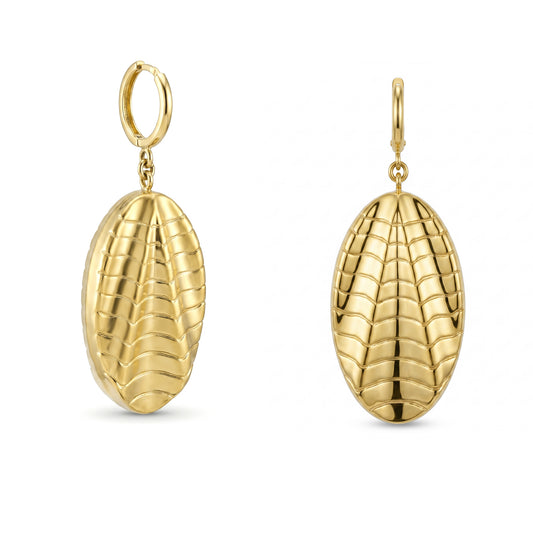 18K Gold Ribbed Oval Drop Earrings